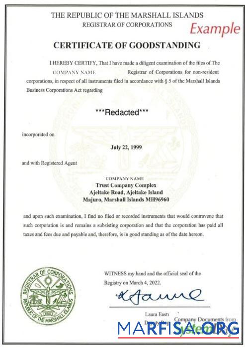 Downloadable Marshal Islands Certificate of Good Standing sample